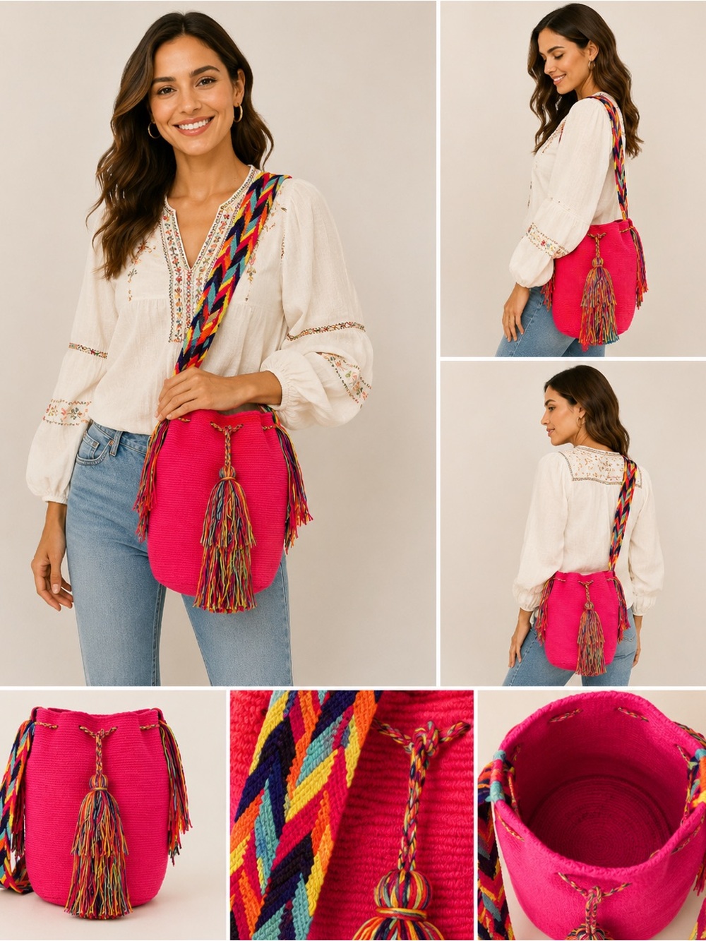 Colombian Bright Pink Handwoven Shoulder Bag with Multicolor Strap